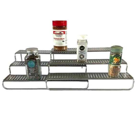 Metal Multi Level Spice Shelf Rack Organizer Silver Tone Metal Free Standing - Picture 1 of 15